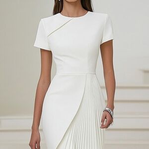 Ivory Pleated Work Dress with Short Sleeves